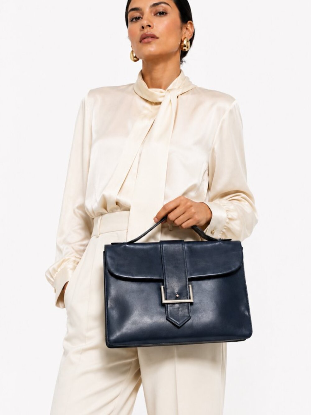 Vintage Pierre Balmain Navy Leather Top Handle Satchel Silver Hardware France